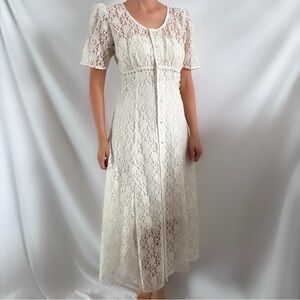 Vintage coquette white lace maxi dress pearl heart beaded short sleeve medium
